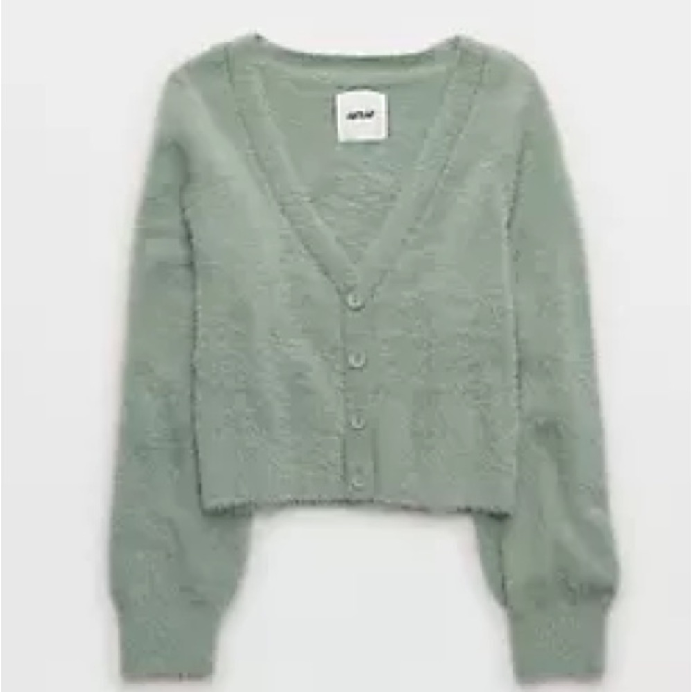 Aerie Fuzzy Cropped Cardigan in Sprout Green